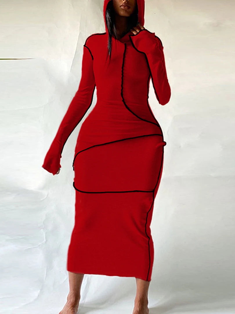 Hugcitar Long Sleeve Hooded Patchwork Skinny Maxi Dress 2021 Autumn Winter Women Fashion Streetwear Casual Outfits