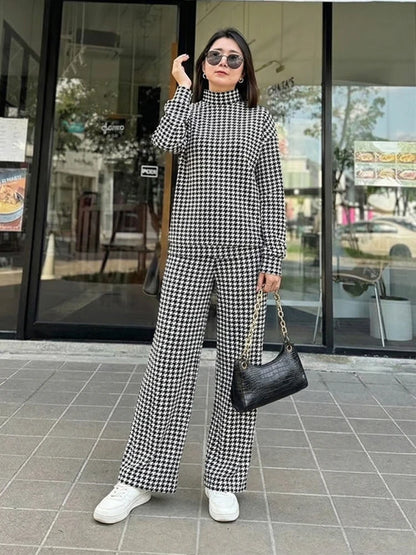 Houndstooth Half High Neck Top Pant Suit Women Color Blocking Full Sleeve Oversized Tops Leg Loose Pants Sets Lady Spring Set - Kimlud