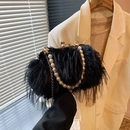 French Square Evening Banquet Bag Handle Pearls Plush Handbag Large Capacity Lock Buckle Shoulder Crossbody Bag Wedding