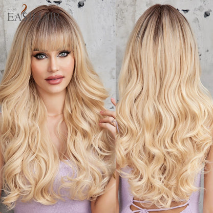 EASIHAIR Sandy Blonde Golden Wavy Synthetic Wigs with Long Bangs Cosplay Lolita Party Hair Wigs for Women Natural Heat Resistant