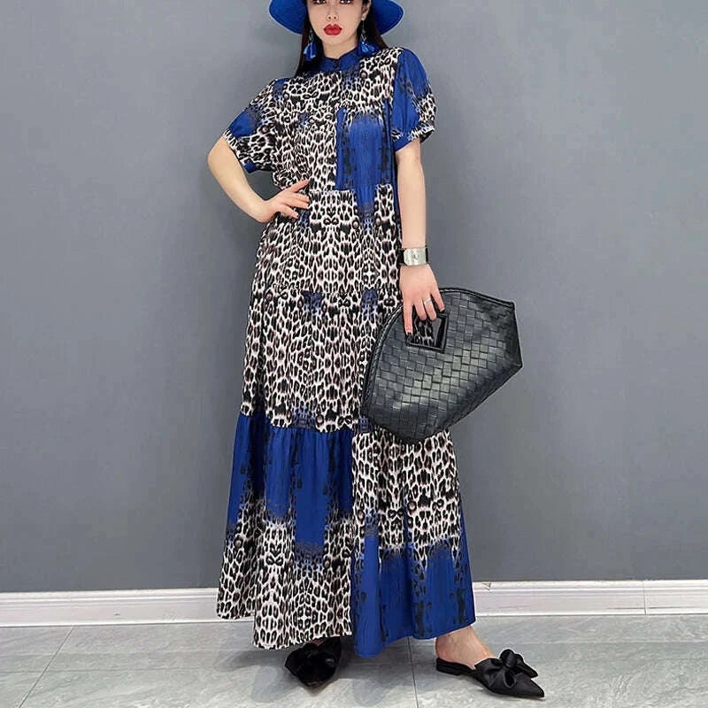 Korean Style Painted Short-Sleeve Casual Loose Big Size Yellow Red Blue Leopard Long Dress Summer Boho Print Dress Robe JJXD071