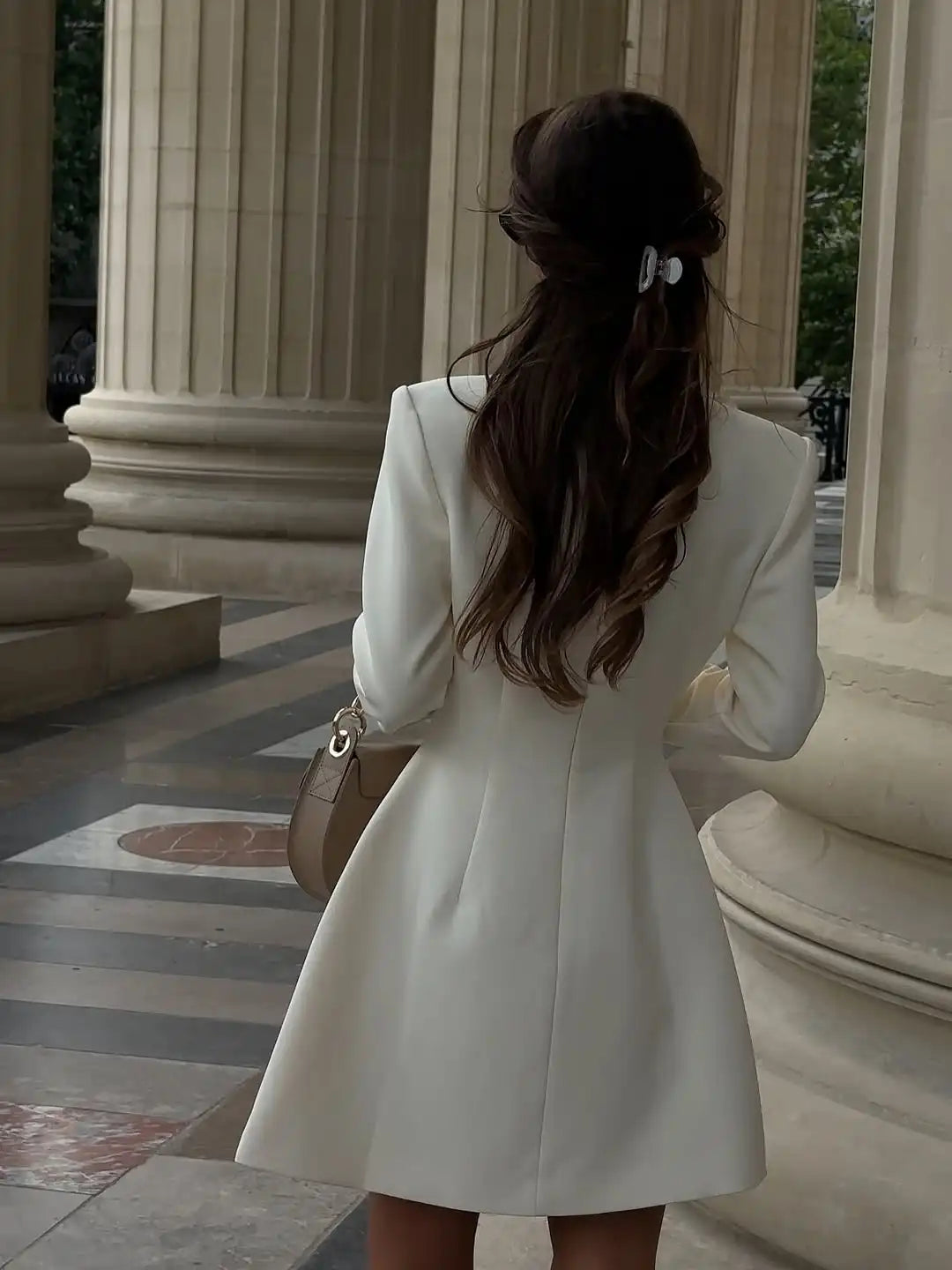 White Single Breasted A-line Mini Dress Women Elegant Solid Color Waist Pleated Short Dresses Daily Chic Evening Dinner Gowns