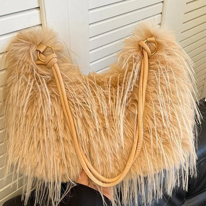 Trendy Large Capacity Plush Tote Bag Women's Crossbody Commuter Armpit Bag Street Style Fashion Soft Synthetic Leather Interior