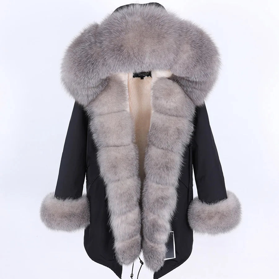 MAOMAOKONG 2024 Winter Women Coat Natural Fox Fur Collar Cuff Black Jackets Outwear Thick Luxury Real Fur Parka Women's Fur Coat