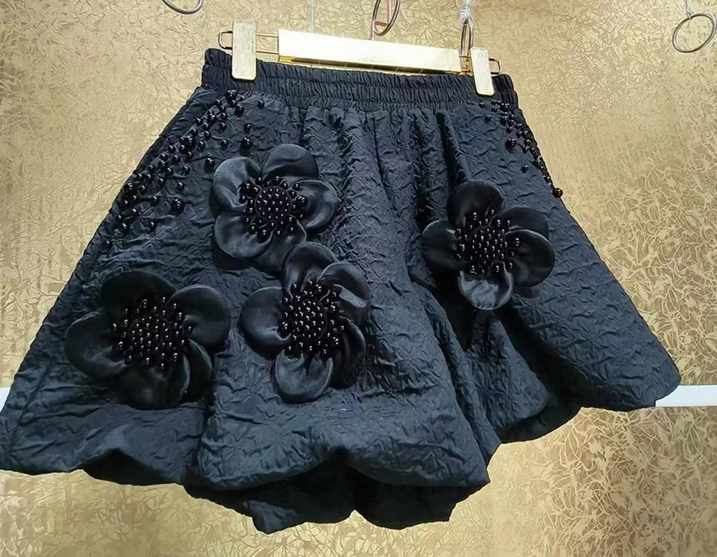 2024 Summer Pearls Beaded Flower Stitch Pantalones Cortos Black Wide Leg Shorts Women's Short Pants Elastic Waist Short Trousers
