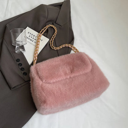 Fashion White Plush Tote Bag Women Casual Large Capacity Chain One Shoulder Bags Autumn/Winter New Fake Fur Handbag Trend