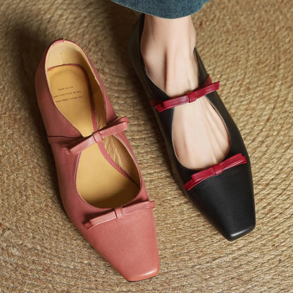 Women's cow leather double bowtie slip-on flats loafers square toe high quality female sweet daily moccasins shoes for woman hot - Kimlud