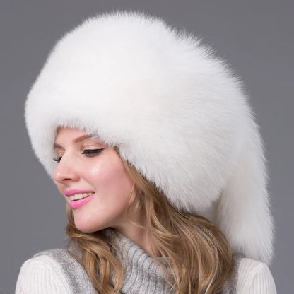 Winter fashion Bomber Trapper Hats Thick Winter Warm real Fox Fur Thick Warm Snow Caps Ear Flap Caps Russian For woman