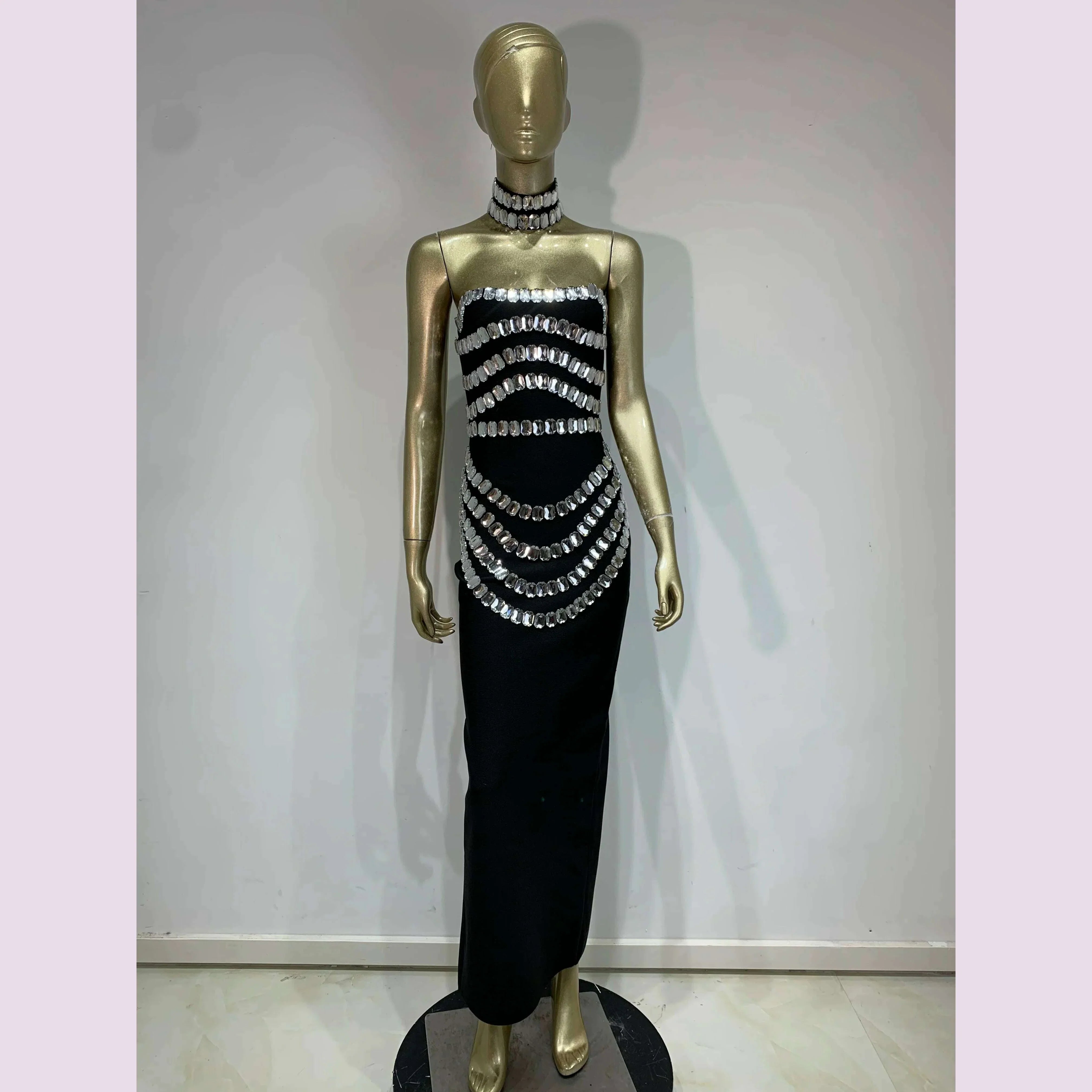 Brand New Ins 2025 Women Black Strapless Crystal Bandage Bodycon Dress Designer Collar Elegant Evening Party Dress Vestido