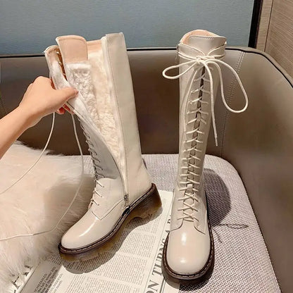 Krazing Pot Vintage Cow Split Leather Wool Snow Boots Winter Keep Warm Round Toe Cross-tied Med Heels Platform Thigh High Boots