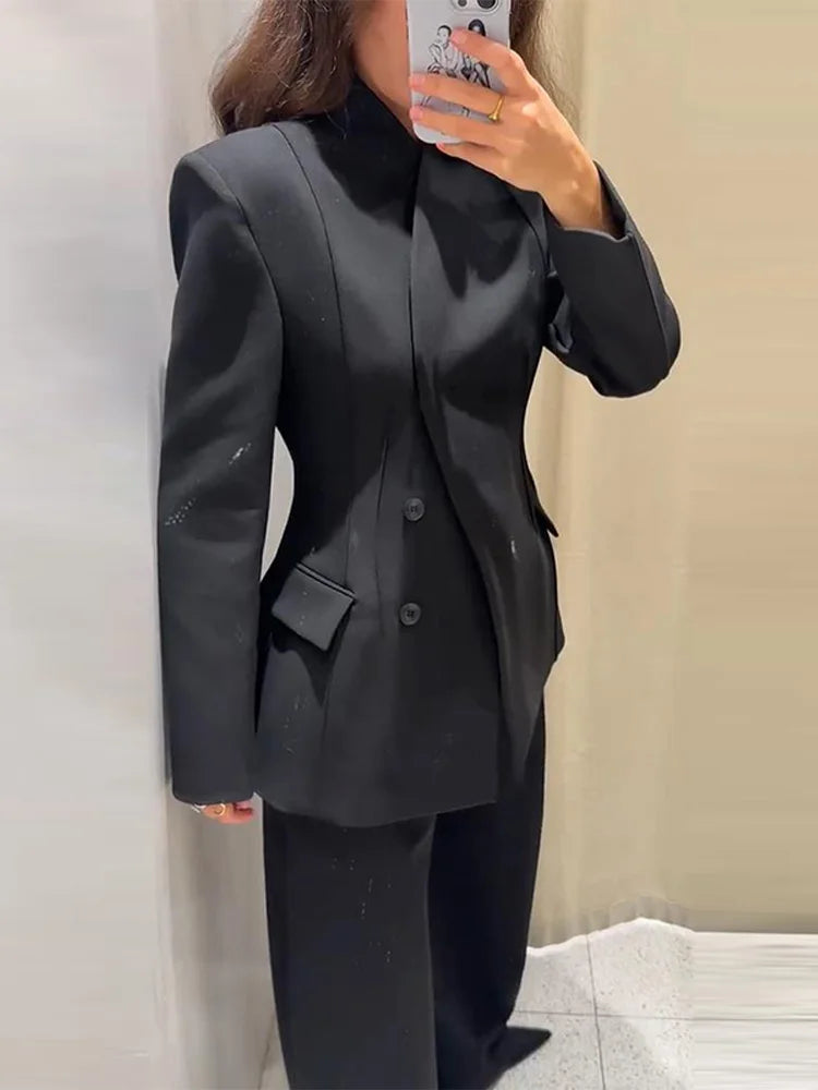 Elegant Blazer Pants Set Women Solid V-neck Long Sleeve Button Coat Wide Leg Trousers 2025 Autumn Fashion Office Lady Outfits