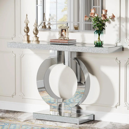 Mirrored Console Table with O-Shaped Base, Entryway Table Glass Sofa Table with Mirror Finish, Rectangle Accent Foyer...