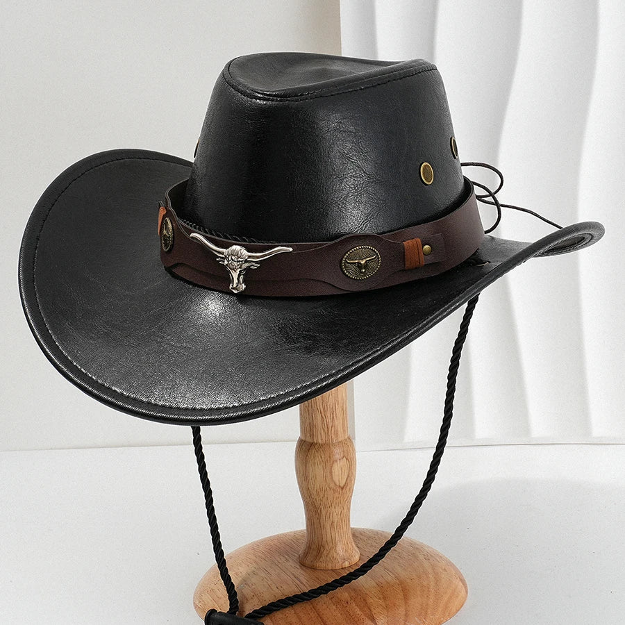 Unisex Vintage Faux Leather Western Cowboy Hat Outdoor Gentleman Cowgirl Jazz Cap Sombrero Hombre