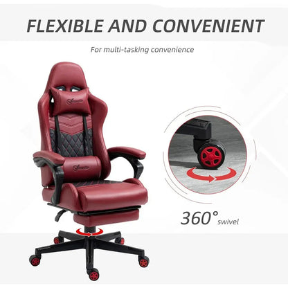 Premium Diamond PU Leather Racing Gaming Chair with Swivel, Footrest, Lumbar Support, Adjustable Height, Red