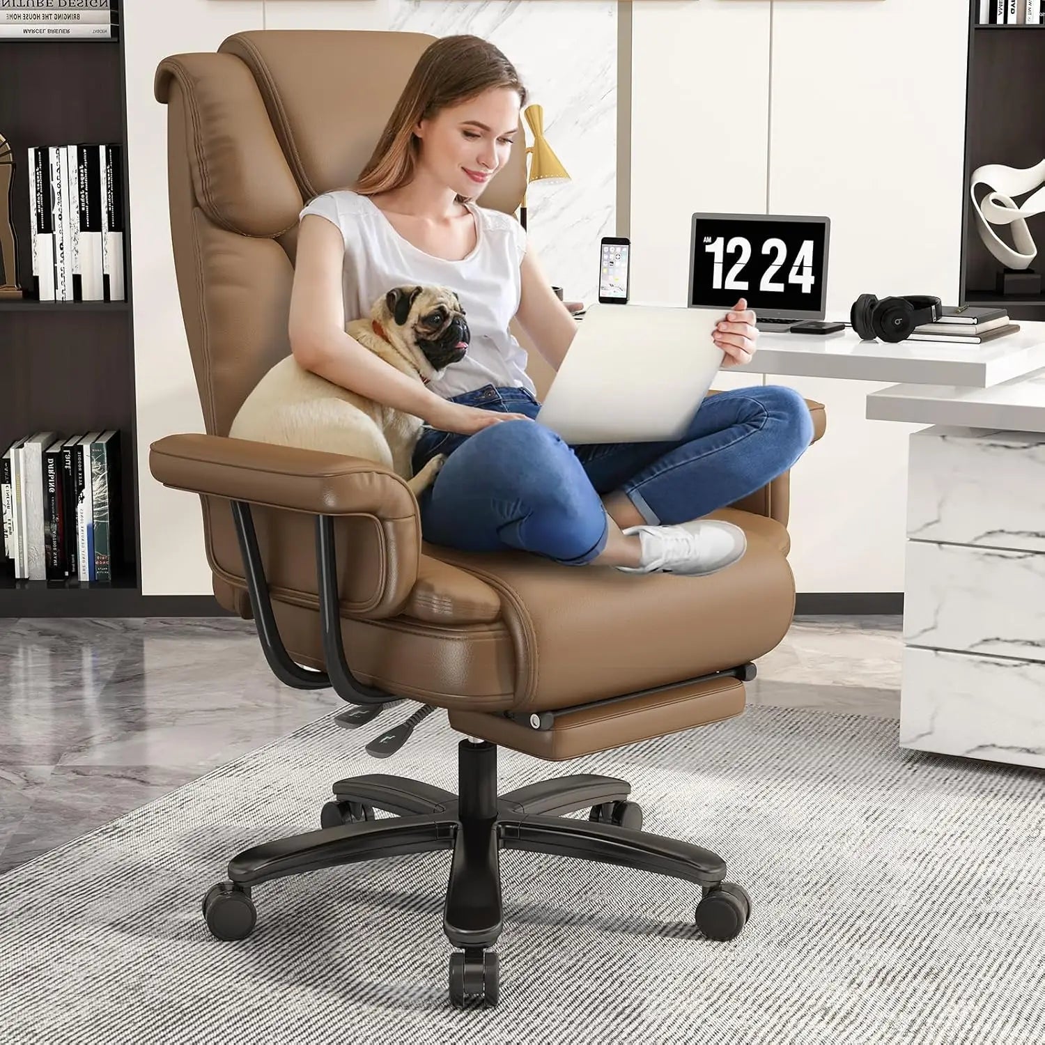 Criss Cross Chair with Wheels, 160°Big and Tall Reclining Office Desk Chair with High Back, Wide Seat, Arms, Footrest, Brown - Kimlud