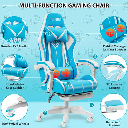 Ergonomic High-Back LED RGB Gaming Chair with Massage, Adjustable Lumbar Support and Footrest for Comfortable Video Gaming Exper