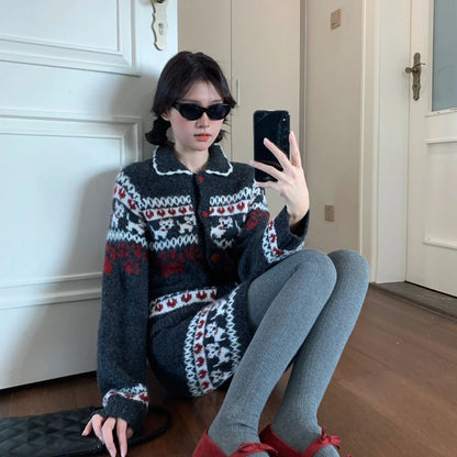 Knitted Suit Women 2025 Fashion Vintage Sping Autumn Cardigan Sweater Coat Short Skirt Ladies Two Piece Set Outfits
