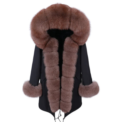MAOMAOKONG 2024 Winter Women Coat Natural Fox Fur Collar Cuff Black Jackets Outwear Thick Luxury Real Fur Parka Women's Fur Coat