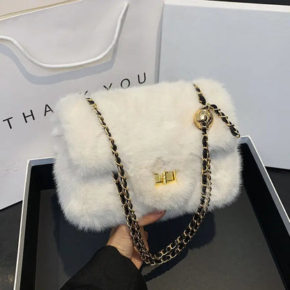 Mini Furry Chain Shoulder Bag for Women New Style Autumn Winter Casual Pure Color Polyester Velvet Lining Crossbody Bag