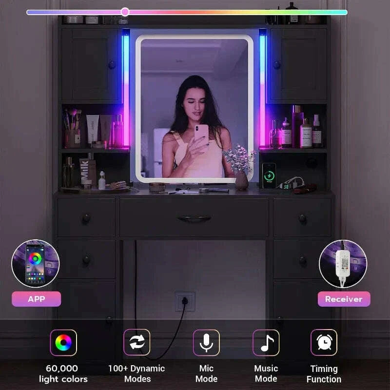 Large Makeup Vanity With Lights, LED Mirror With Digital Time Display & Power Outlet, RGB Ambient Light Vanity Desk Wit