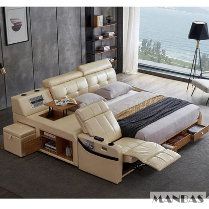 MINGDIBAO Massage Bed with Ultimate Comfort and Genuine Leather Multifunctional Frame - Bluetooth Speaker, Safe Air...