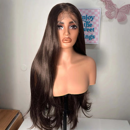 Chestnut Brown Wig Long Curly Wavy Synthetic Hair Wig Free Part Natural Wave 13X4 Lace Front Wigs for Women Daily Party Cosplay