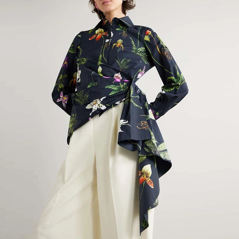 Modigirl Women‘s Elengant Shirts & Blouses Spring Autumn Long Sleeve Flower Print Asymmetric Office Daily Top Woman Clothing