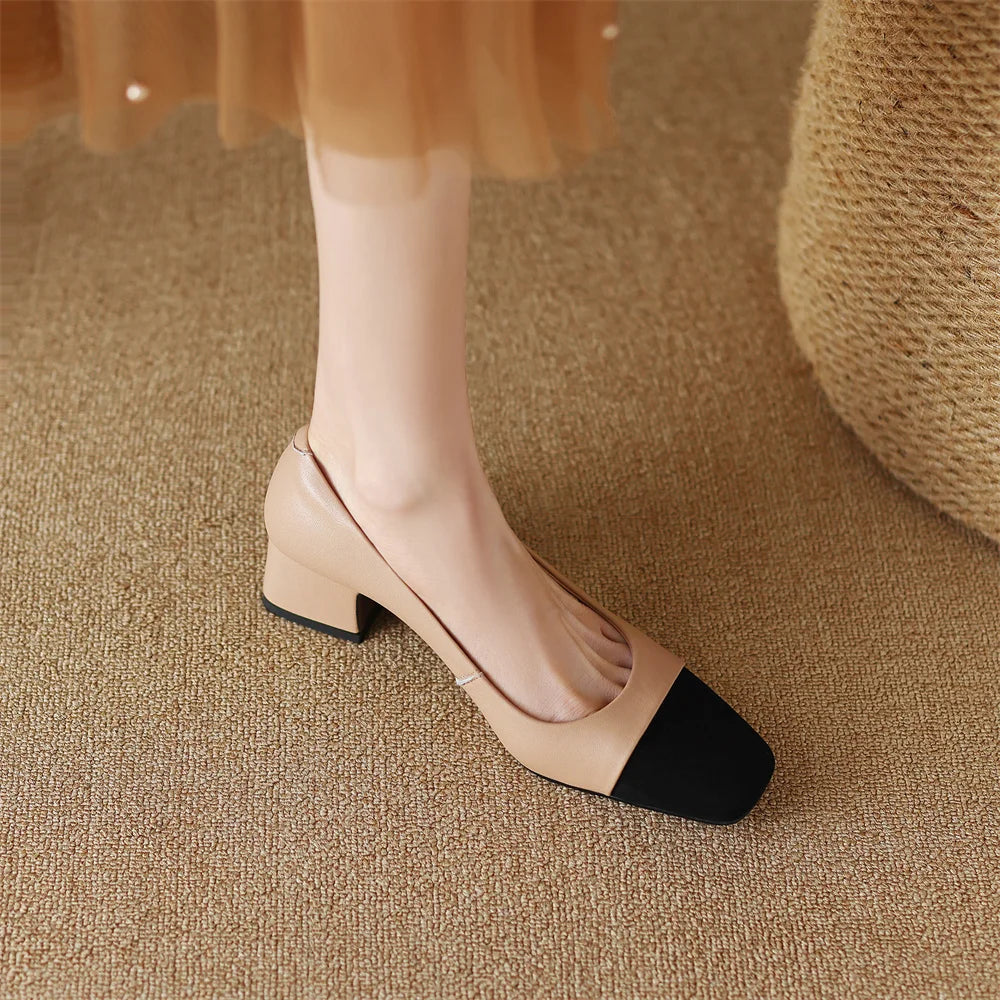 danxuefei plus size 34-42 women's genuine leather square toe slip-on pumps OL style elegant ladies 5cm thick low heel shoes sale - Kimlud