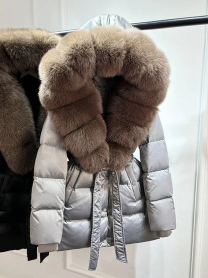 2025 New Natural Thick Warm 90% White Goose Down Coat Long Winter Jacket Women Real Big Fox Fur Collar Belt Loose Puffer Parka