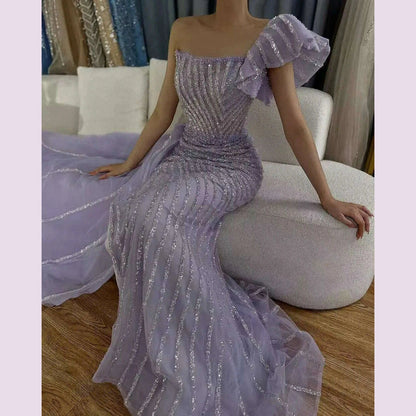 SERENE HILL Customized Lilac Luxury Beaded Mermaid Evening Dress 2025 Arabic Sexy Slit Women Occasion Party Gown CLA72277