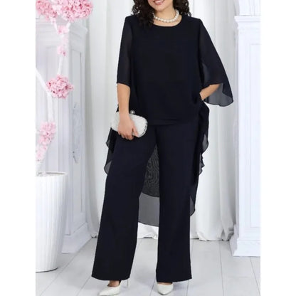 Elegant 2 Pieces Sets Woman's Chiffon Solid Mid-Sleeve Layered ruffled edges Long Top & Straight-leg Trousers Pants Sets Outfits