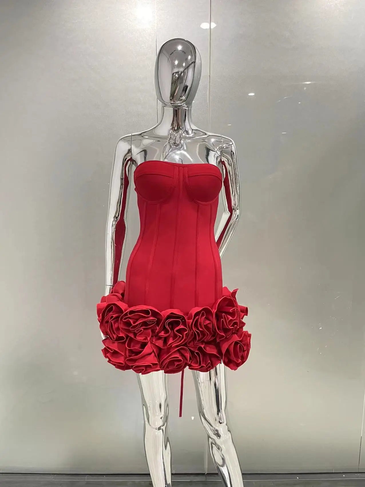 Red Color Women Sexy Strapless Ball Gown Mini Dress Celebrity Red Carpet Fashion Evening Party Celebrate Dress Wholesale