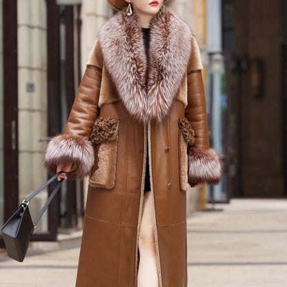 Slim Long Real Leather Jackets Women Fashion Solid Buttons Coats Women Elegant Tie Belt Waist Pockets Jackets Female Ladies