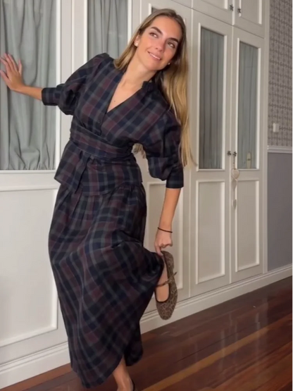 Casual V-neck Checkered Lace Up Suit Women Fashion Long Lantern Sleeves Single-breasted Slim Set 2025 Lady Commute street Outfit