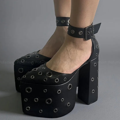 Women Pumps High Heel Sandals Platform Shoes Pointed Toe Elegant Chunky Heels Ankle Buckle Black Sexy High Heels Mary Janes