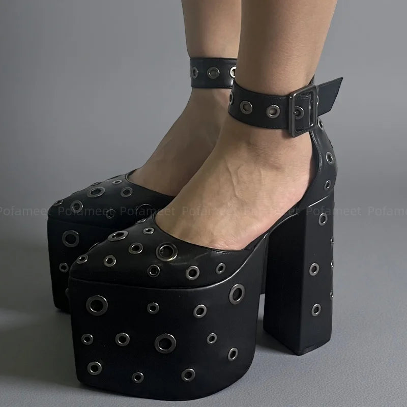 Women Pumps High Heel Sandals Platform Shoes Pointed Toe Elegant Chunky Heels Ankle Buckle Black Sexy High Heels Mary Janes