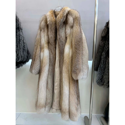 2025 Winter Warm Long Coat Luxury True Fox Leather Coat Women's Fluffy Striped Extra Long Fox Fur Coat