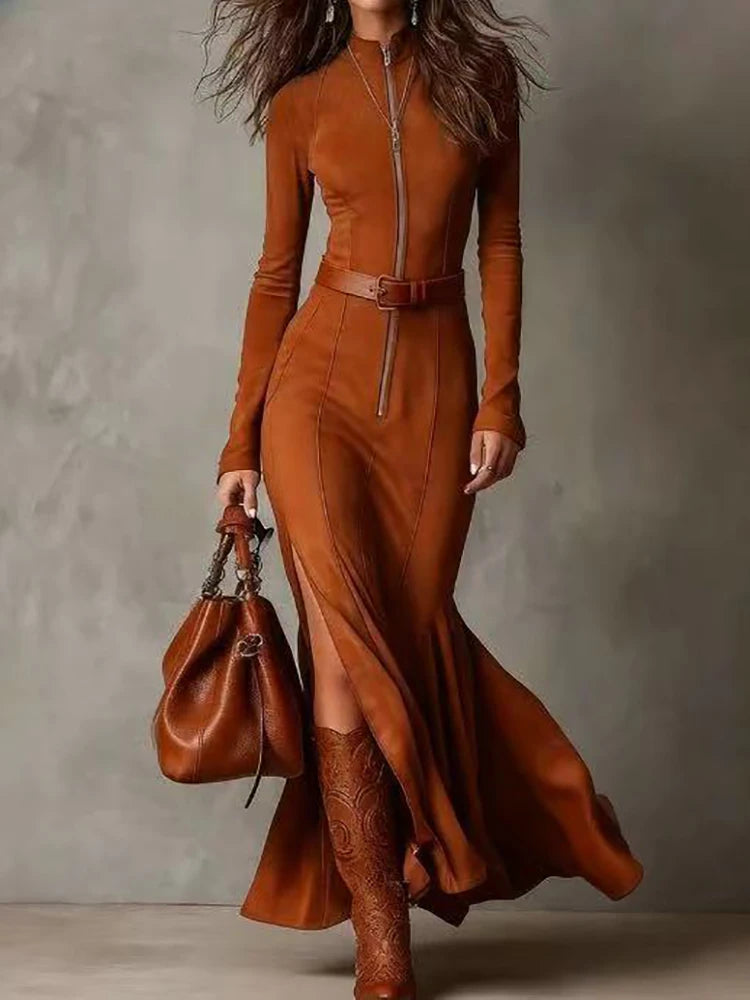 Stand Collar Zipper Patchwork Maxi Dress, Spring Autumn Women Long Sleeve Chic Party Dress, Elegant Simple Ladies Dress Vestidos