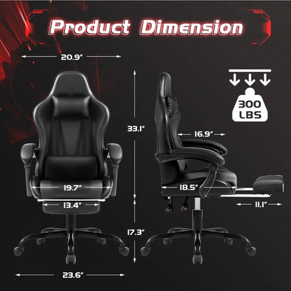 Ergonomic Massage Lumbar Support Gaming Chair with Footrest, 360° Swivel and Height Adjustable Seat for Comfortable Computing