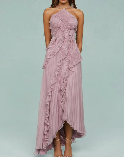 Elegant Women Ruffle Pleated Long Dress Fashion Sleeveless Halter Irregular Tiered Pleated Flowy Maxi Dresses for...