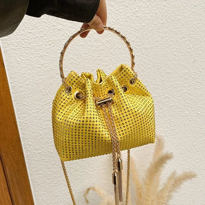 Luxury Diamonds Tassel Evening Clutch Bag Women Designer Chain Metal Ring Handle Shiny Crystal Bucket Purse Bridal Wedding Party