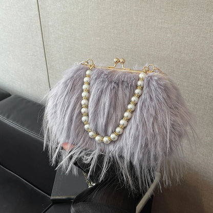 French Square Evening Banquet Bag Handle Pearls Plush Handbag Large Capacity Lock Buckle Shoulder Crossbody Bag Wedding