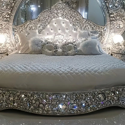European crystal bed Italian art furniture French luxury solid wood inlaid diamond shining master bedroom silver princess bed