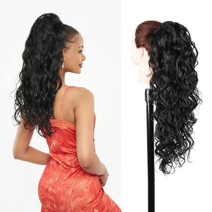 Julianna Synthetic Kanekalon Black Drawstring Water Wave Ponytail Extension Female Curly Wavy Clip In Ponytail Hair Extension