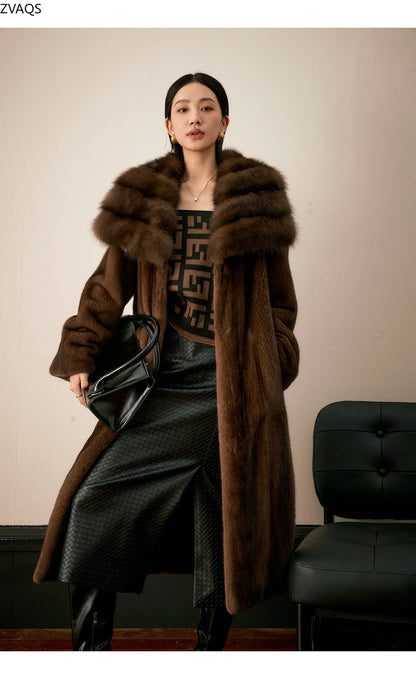 ZVAQS Natural Coffee Mink Fur Coat Women Fashion Long Fur Jacket Winter Luxury Clothes Old Money Style Outerwears 2024 Fourrure