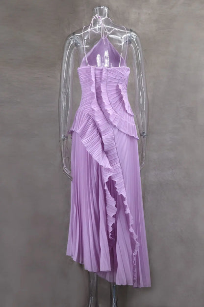 Chiffon Pleated Patchwork Sleeveless Summer Dress Women Elegant Halter Backless Split Maxi Dress Ladies Party Evening Dress 2025