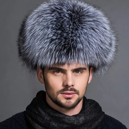 New Winter Men's 100% Real Silver Fox Fur Bomber Hat Raccoon Fur Ushanka Cap Trapper Russian Man Ski Hats Caps Real Leather Top
