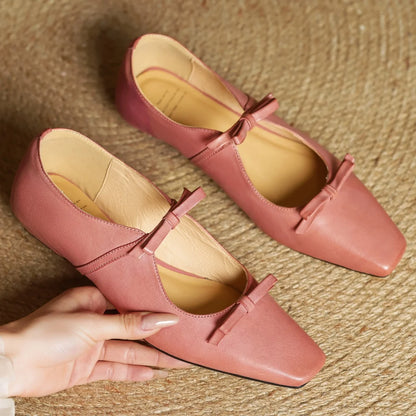 Women's cow leather double bowtie slip-on flats loafers square toe high quality female sweet daily moccasins shoes for woman hot - Kimlud