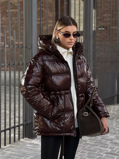 Casual Shiny Hooded Cotton Jackets Women Stand Collar Zipper Drawstring Waist Solid Coat 2025 Winter Lady Chic Warm Outwears New