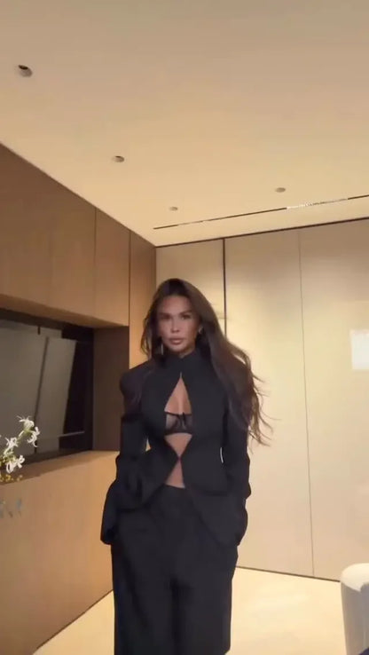 Sexy Black Hollow Blazer Dress Women Elegant Full Sleeve Shoulder Pads Cinched-waist Mini Dress 2026 New Lady Evening Party Wear - Kimlud